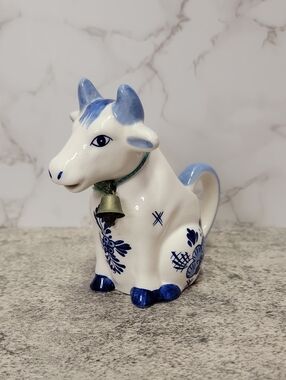 Vintage Blue Delft Sitting Cow Creamer with bell